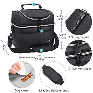 Tirrinia Insulated Lunch Bag for Women Men, Leakproof Thermal Bento Lunch Box, 2-Compartment Lunch Cooler for Adults Work, Office, Soft& Durable Lunch Tote 9”x7” inch, Black