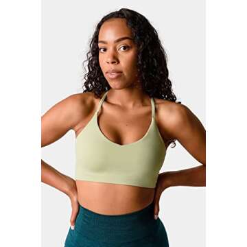 Kamo Fitness Iris Strappy Sports Bra for Women Light Support Backless Crop Top Removable Padding Open Back (Swamp Green, L)