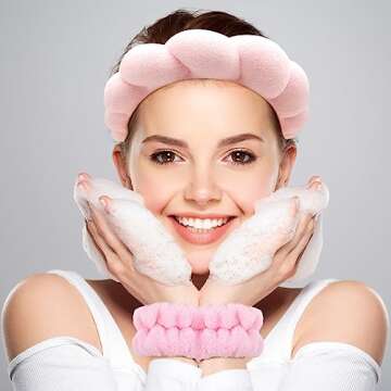 Zkptops Spa Headband for Washing Face Wristband Set Sponge Makeup Skincare Headband Wrist Towels Bubble Soft Ready Hairband for Women Gift Puffy Headwear Non Slip Thick Thin Hair Accessory(Pink/Black)