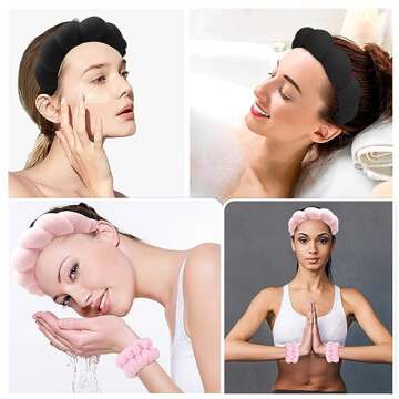Zkptops Spa Headband for Washing Face Wristband Set Sponge Makeup Skincare Headband Wrist Towels Bubble Soft Ready Hairband for Women Gift Puffy Headwear Non Slip Thick Thin Hair Accessory(Pink/Black)