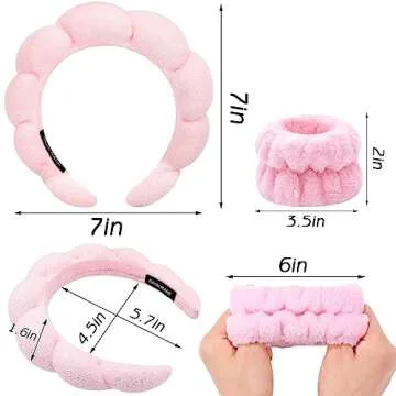 Zkptops Spa Headband for Washing Face Wristband Set Sponge Makeup Skincare Headband Wrist Towels Bubble Soft Ready Hairband for Women Gift Puffy Headwear Non Slip Thick Thin Hair Accessory(Pink/Black)