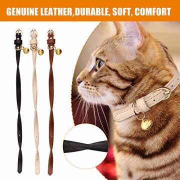 3 Pack Leather Cat Collars with Bells Soft Pet Safety Collar Kitten Collars with Bell Black Chocolat...