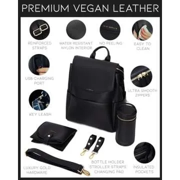 MIA + SOPHIA Leather Diaper Bag Backpack with USB Charging port, Changing Pad, Stroller Straps, and Bottle Holder (Black Olivia)