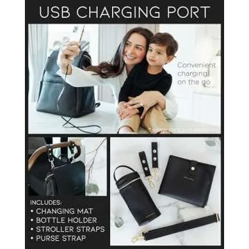 MIA + SOPHIA Leather Diaper Bag Backpack with USB Charging port, Changing Pad, Stroller Straps, and Bottle Holder (Black Olivia)