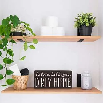 Take a Bath You Dirty Hippie Sign - Boho Bathroom Decor - Funny Modern Farmhouse Bathtub Decoration 5.5x12 Fun Bohemian Wall Art House Plaque or Rustic Black Wood Accent for Shelf