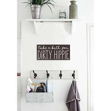 Take a Bath You Dirty Hippie Sign - Boho Bathroom Decor - Funny Modern Farmhouse Bathtub Decoration 5.5x12 Fun Bohemian Wall Art House Plaque or Rustic Black Wood Accent for Shelf