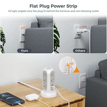 Flat Plug Power Strip Tower, TESSAN Ultra Thin Retractable Extension Cord 5 FT, Surge Protector 11 O...