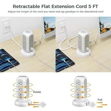 Flat Plug Power Strip Tower with USB Charging Port