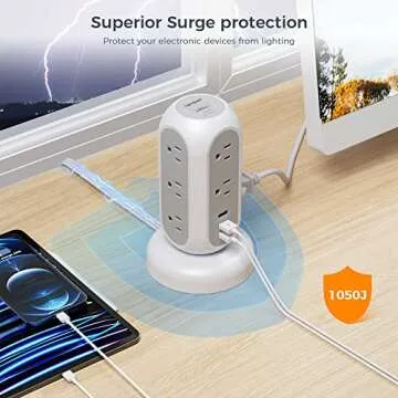 Flat Plug Power Strip Tower with USB Charging Port