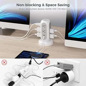 Flat Plug Power Strip Tower with USB Charging Port