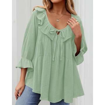 ZESICA Womens Scoop Neck 3/4 Length Sleeve Tops Casual Tie Front Ruffle Tiered Loose Tunic Shirts Bl...
