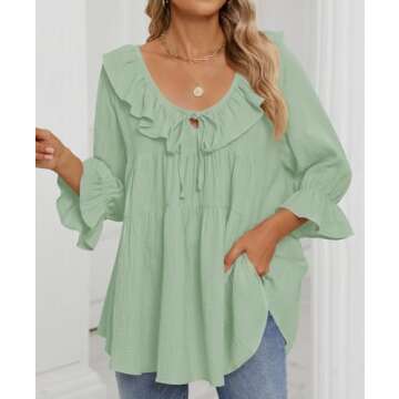 ZESICA Womens Scoop Neck 3/4 Length Sleeve Tops Casual Tie Front Ruffle Tiered Loose Tunic Shirts Blouses Spring Outfits,MintGreen,Medium