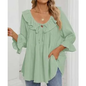 ZESICA Womens Scoop Neck 3/4 Length Sleeve Tops Casual Tie Front Ruffle Tiered Loose Tunic Shirts Blouses Spring Outfits,MintGreen,Medium
