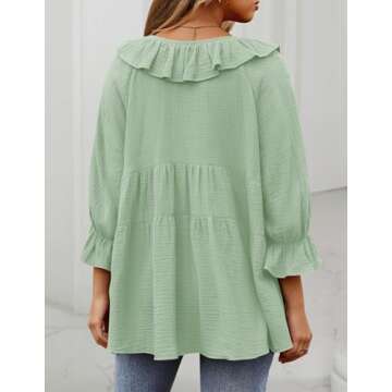ZESICA Womens Scoop Neck 3/4 Length Sleeve Tops Casual Tie Front Ruffle Tiered Loose Tunic Shirts Blouses Spring Outfits,MintGreen,Medium