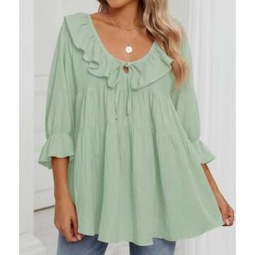ZESICA Womens Scoop Neck 3/4 Length Sleeve Tops Casual Tie Front Ruffle Tiered Loose Tunic Shirts Blouses Spring Outfits,MintGreen,Medium