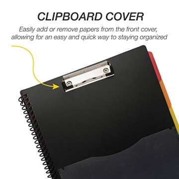Samsill 5 Subject Spiral School Organizer with Clipboard and Removable Notepad, All-in-One Folder, 5 Dividers with 10 Pockets, Multi-Pocket Folder and Document Holder, Black