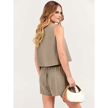 ANRABESS 2 Piece Outfits Lounge Matching Sets for Women Linen Shorts Crop Tops Casual Going Out 2023 Fashion Clothes Summer Vacation Rompers 997kaqi-M, Khaki