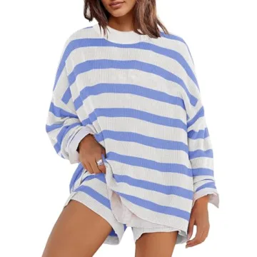 Panadila Women's Oversized Lounge Sets Striped Sweater Shorts Set Cute Comfy Pajama Set