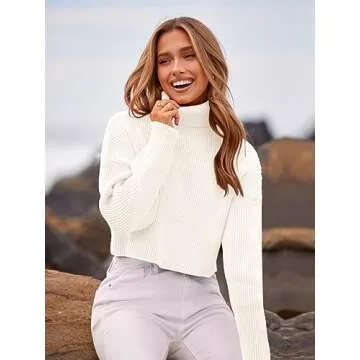 PRETTYGARDEN Women's 2024 Fall Winter Turtleneck Cropped Sweater Causal Ribbed Knit Long Sleeve Pullover Jumper Tops(White, Small)