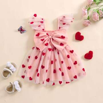 Toddler Baby Girl Valentines Day Outfit Heart Print Ruffle Sleeve Bowknot Tulle Dress Girls Birthday Party Dresses (Pink, 18-24 Months)