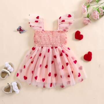 Toddler Baby Girl Valentines Day Outfit Heart Print Ruffle Sleeve Bowknot Tulle Dress Girls Birthday Party Dresses (Pink, 18-24 Months)
