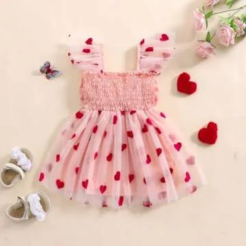 Toddler Baby Girl Valentines Day Outfit Heart Print Ruffle Sleeve Bowknot Tulle Dress Girls Birthday Party Dresses (Pink, 18-24 Months)