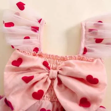 Toddler Baby Girl Valentines Day Outfit Heart Print Ruffle Sleeve Bowknot Tulle Dress Girls Birthday Party Dresses (Pink, 18-24 Months)