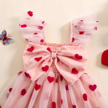 Toddler Baby Girl Valentines Day Outfit Heart Print Ruffle Sleeve Bowknot Tulle Dress Girls Birthday Party Dresses (Pink, 18-24 Months)