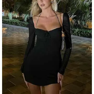 Women Ruched Cutout Mini Dress Sexy Halter Chiffon Short Dresses Elegant Sweatheart Neck Bodycon Dress(Black Mesh,L)