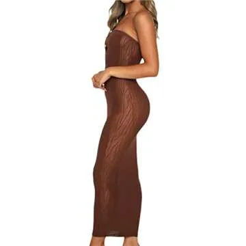 HengShunRui Women Sexy Backless Maxi Dress Spaghetti Strap Sleeveless Bodycon Party Dresses A4 Hollow Out Dress Brown S