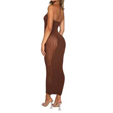 HengShunRui Women Sexy Backless Maxi Dress Spaghetti Strap Sleeveless Bodycon Party Dresses A4 Hollow Out Dress Brown S