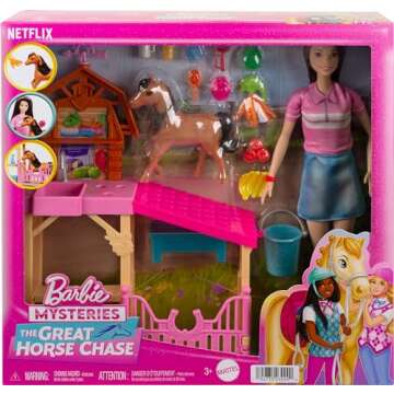 Barbie Toy Stable Playset with Fashion Doll, Small Pony & 10+ Accessories, Inspired Mysteries: The Great Horse Chase