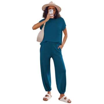 Ekouaer Women's 2 Piece Lounge Set Cap Sleeve Tops and Jogger Pants Knit Pajama Sweatsuit,Deep Blue,Small