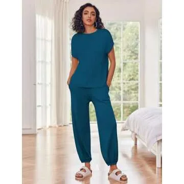 Ekouaer Women's 2 Piece Lounge Set Cap Sleeve Tops and Jogger Pants Knit Pajama Sweatsuit,Deep Blue,Small