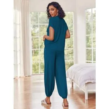 Ekouaer Women's 2 Piece Lounge Set Cap Sleeve Tops and Jogger Pants Knit Pajama Sweatsuit,Deep Blue,Small