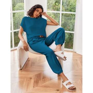 Ekouaer Women's 2 Piece Lounge Set Cap Sleeve Tops and Jogger Pants Knit Pajama Sweatsuit,Deep Blue,Small