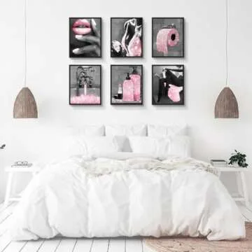 Fashion Wall Art Pink Glam Bathroom Decor Black and White Posters Canvas Poster Prints Pictures Modern Perfume Women Funny Bathroom Wall Decor for Girl's Bedroom, Set of 6. 8x10in UNFRAMED