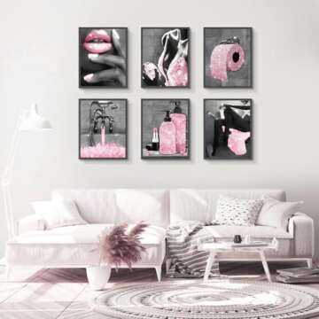 Fashion Wall Art Pink Glam Bathroom Decor Black and White Posters Canvas Poster Prints Pictures Modern Perfume Women Funny Bathroom Wall Decor for Girl's Bedroom, Set of 6. 8x10in UNFRAMED