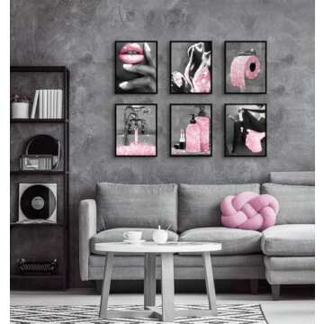 Fashion Wall Art Pink Glam Bathroom Decor Black and White Posters Canvas Poster Prints Pictures Modern Perfume Women Funny Bathroom Wall Decor for Girl's Bedroom, Set of 6. 8x10in UNFRAMED