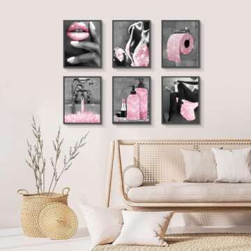 Fashion Wall Art Pink Glam Bathroom Decor Black and White Posters Canvas Poster Prints Pictures Modern Perfume Women Funny Bathroom Wall Decor for Girl's Bedroom, Set of 6. 8x10in UNFRAMED