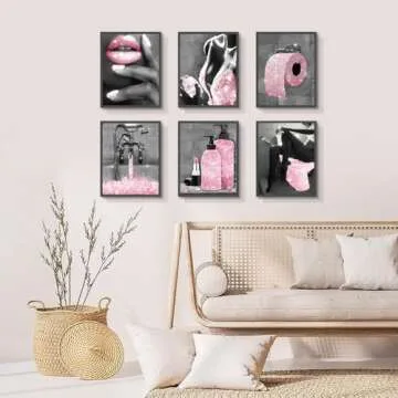 Fashion Wall Art Pink Glam Bathroom Decor Black and White Posters Canvas Poster Prints Pictures Modern Perfume Women Funny Bathroom Wall Decor for Girl's Bedroom, Set of 6. 8x10in UNFRAMED