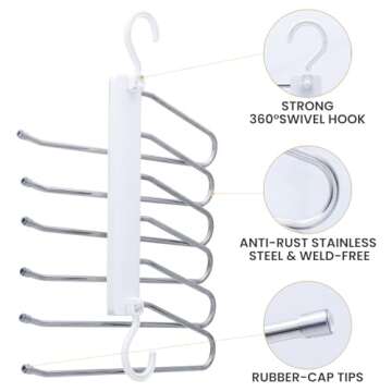 TAILI Pants Hanger Space Saving, 6 Tiers Closet Organizers and Storage Hanger for Pants Jeans, Stainless Steel Anti-Slip Clothes Rack Scarf Holder, White
