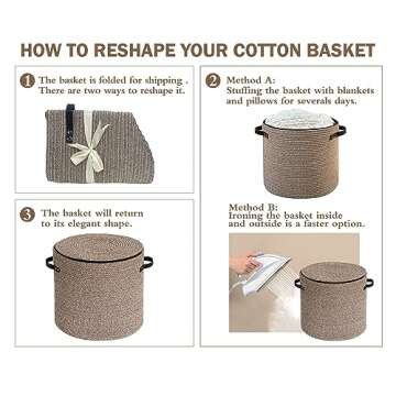 WAYIDEAL Cotton rope Storage Basket with Zipper cover & Woven baskets with Lid for Multi-Purpose Storage Basket for Living Room,13x13 x14 inches,Christmas gifts.(Brown)