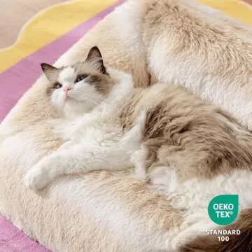 Lesure Cute Cat Couch Bed - Furry Indoor Cat Sofa Large, Washable Calming Small Dog Beds for Puppy with Fashion Design, 26x21x9inches, Beige Stripe