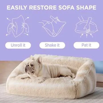 Lesure Cute Cat Couch Bed - Furry Indoor Cat Sofa Large, Washable Calming Small Dog Beds for Puppy with Fashion Design, 26x21x9inches, Beige Stripe