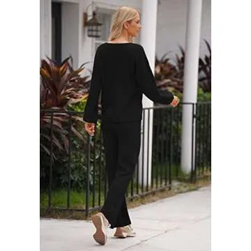 Linsery Two Piece Leisure Wear Sets for Women Sleepwear High Waist Pullover Sweatsuits Monochromatic Sweatsuit Activewear Black L