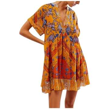 Womens Summer Dresses Womens Bohemian Babydoll Dress Casual Summer Floral Dresses Short Sleeve V Nec...