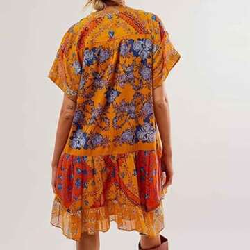 Womens Summer Dresses Womens Bohemian Babydoll Dress Casual Summer Floral Dresses Short Sleeve V Neck Sundress Flowy Ruffle Dress Graduation Dress Casual Dresses for Women