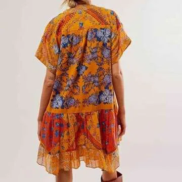 Womens Summer Dresses Womens Bohemian Babydoll Dress Casual Summer Floral Dresses Short Sleeve V Neck Sundress Flowy Ruffle Dress Graduation Dress Casual Dresses for Women