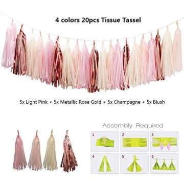 Baby Shower Decorations For Girl,the Party Supplies include 108Pcs Banners Paper Pompoms Heart-type Balloons Pentagram Balloons Rose Gold Balloons Tassels Color Ribbon Balloon Straw for Baby Girls